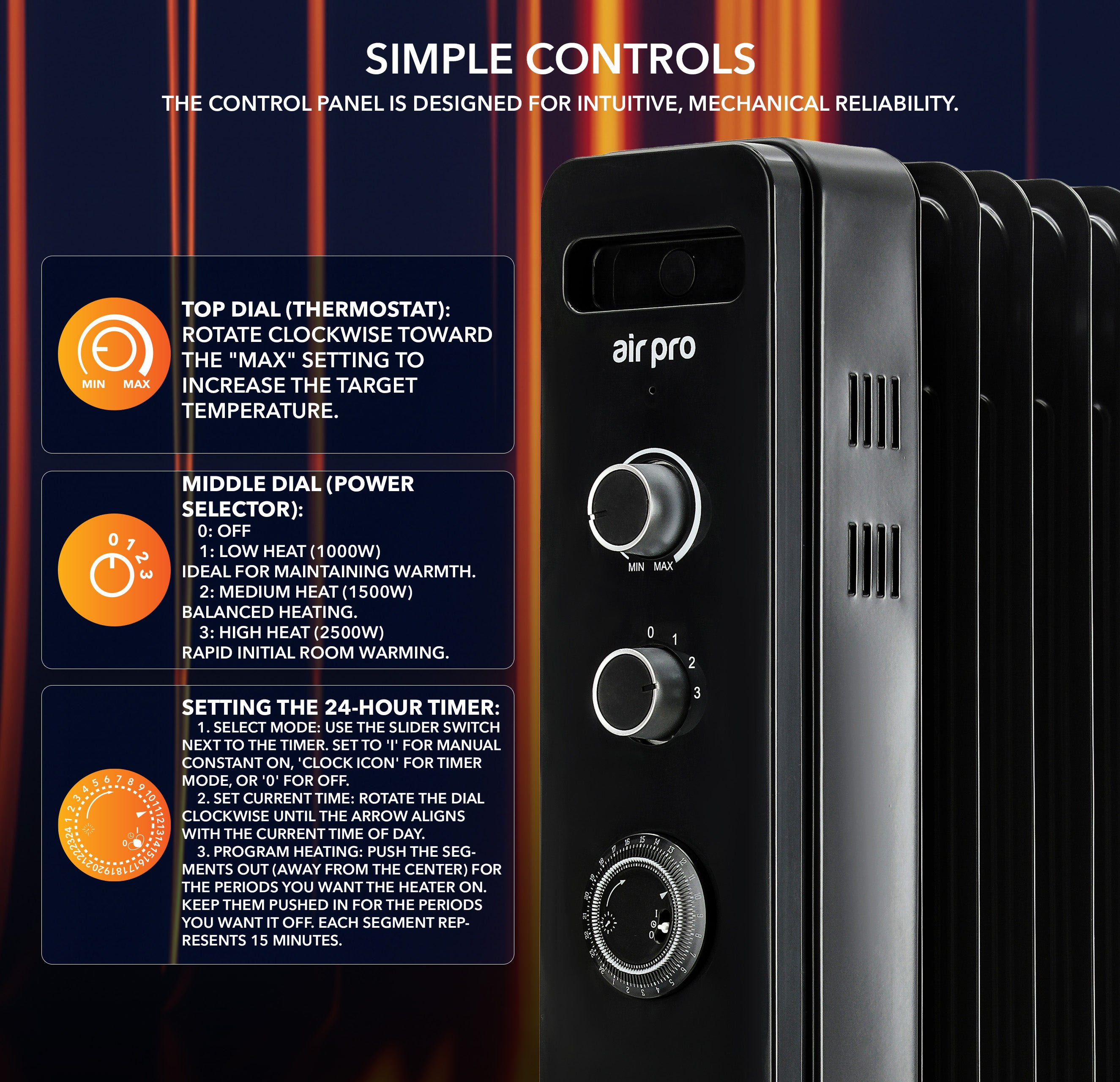 Oil-Filled Electric Heater with Timer Function - 2500W - 11 Fins
