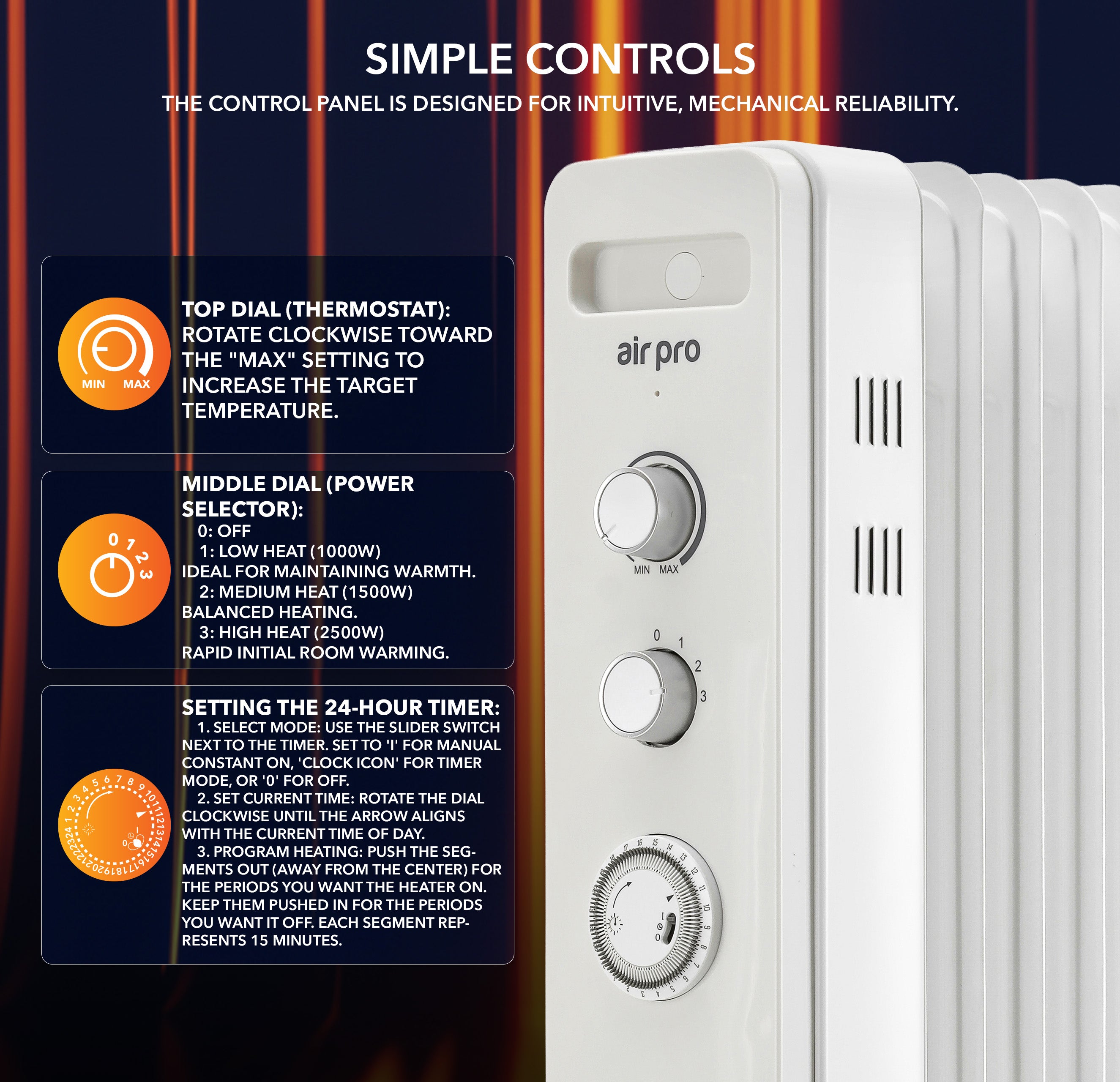 Oil-Filled Electric Heater with Timer Function - 2500W - 11 Fins