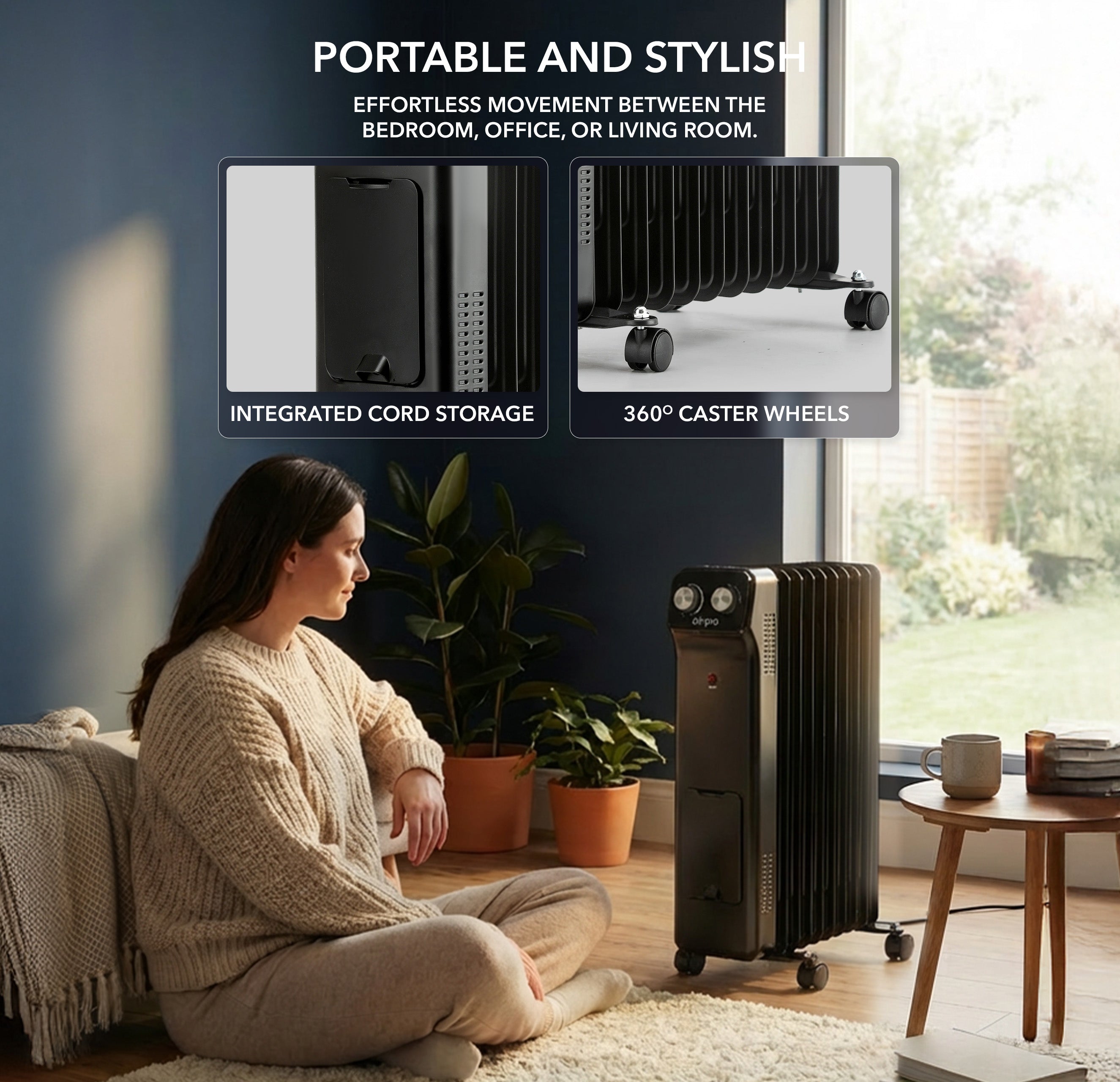 Oil-Filled Electric Radiator 2500W, Adjustable Thermostat, 3 Settings
