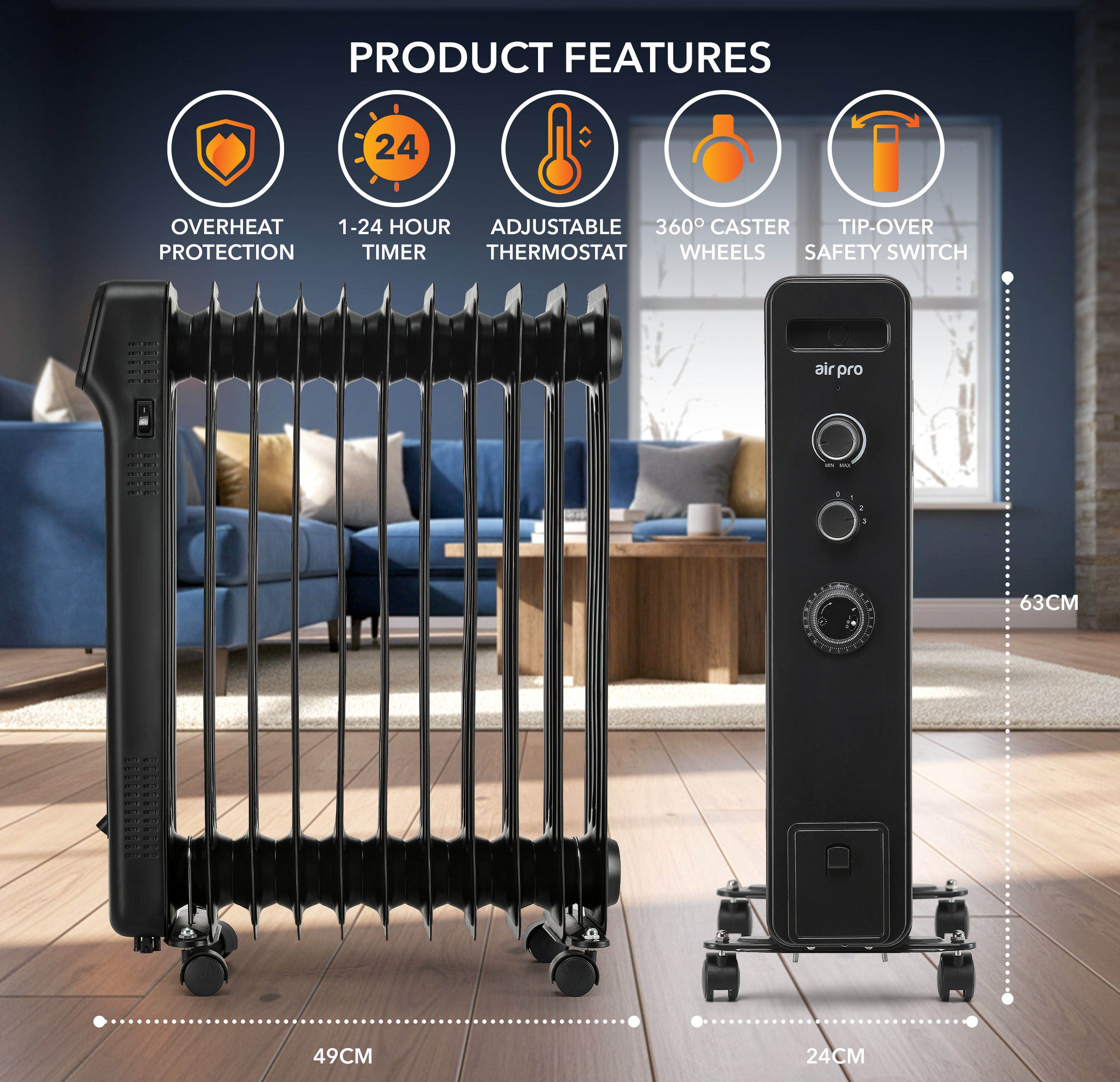Oil-Filled Electric Heater with Timer Function - 2500W - 11 Fins