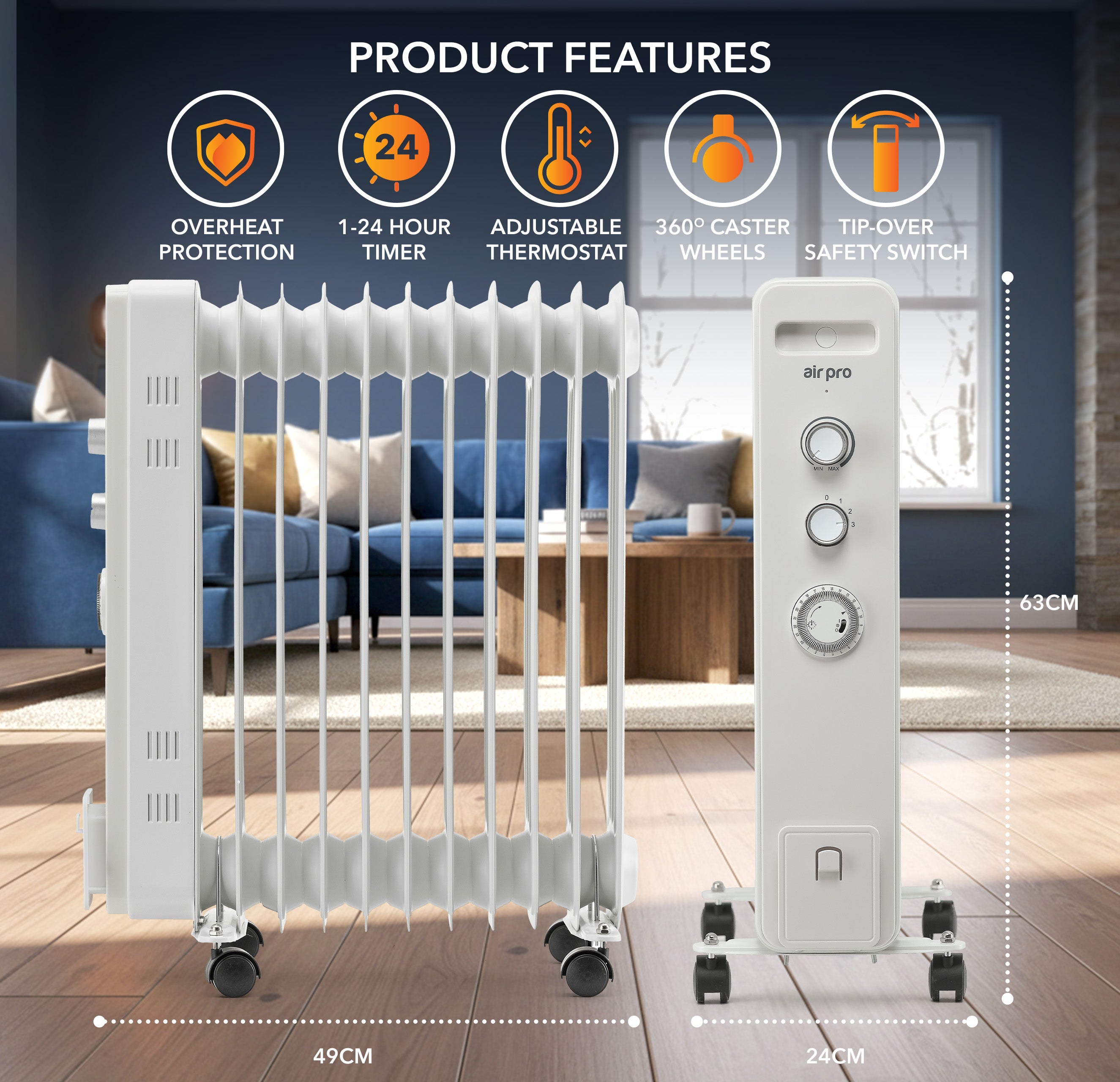 Oil-Filled Electric Heater with Timer Function - 2500W - 11 Fins