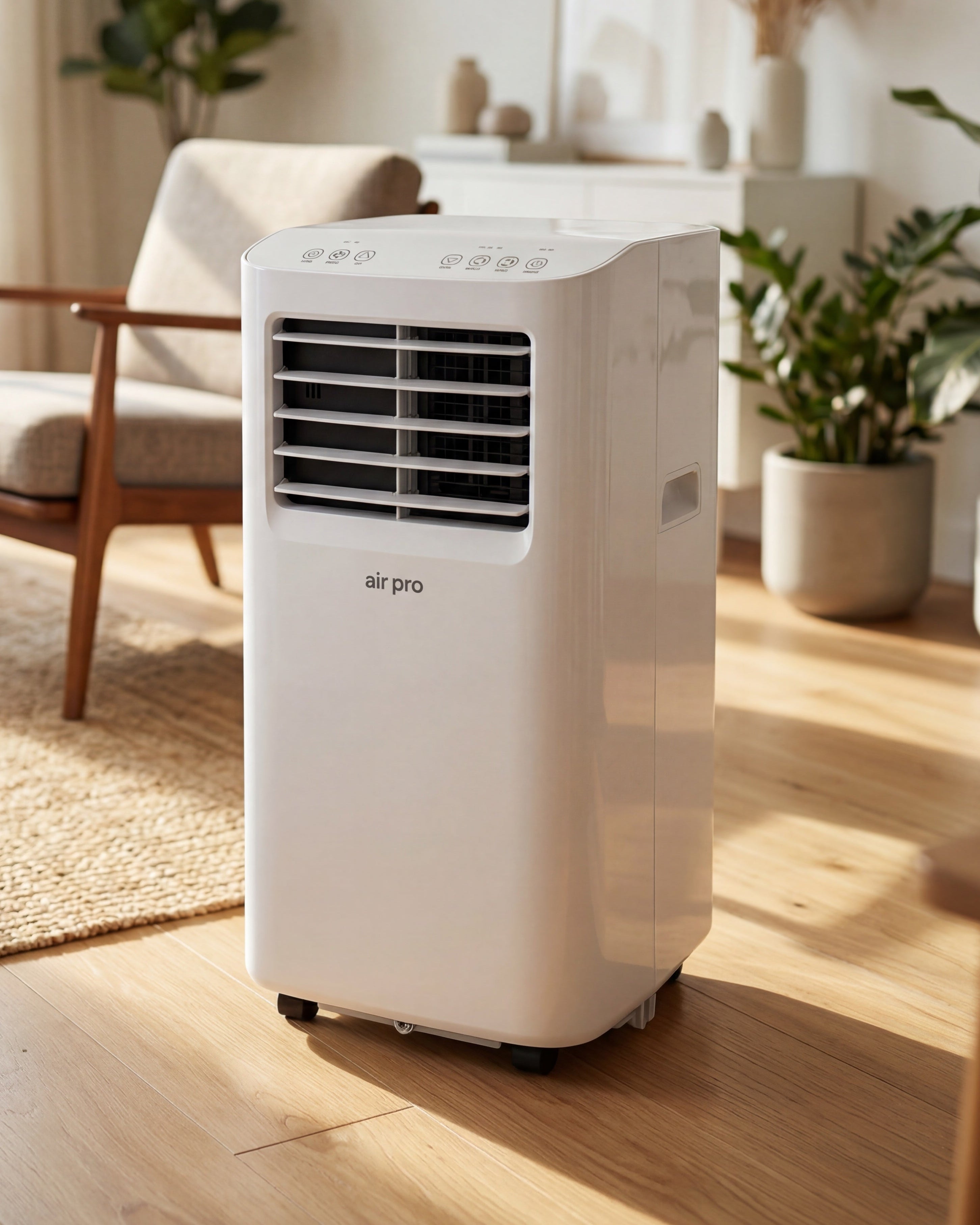Portable air conditioner in a living room with wooden floor and plants