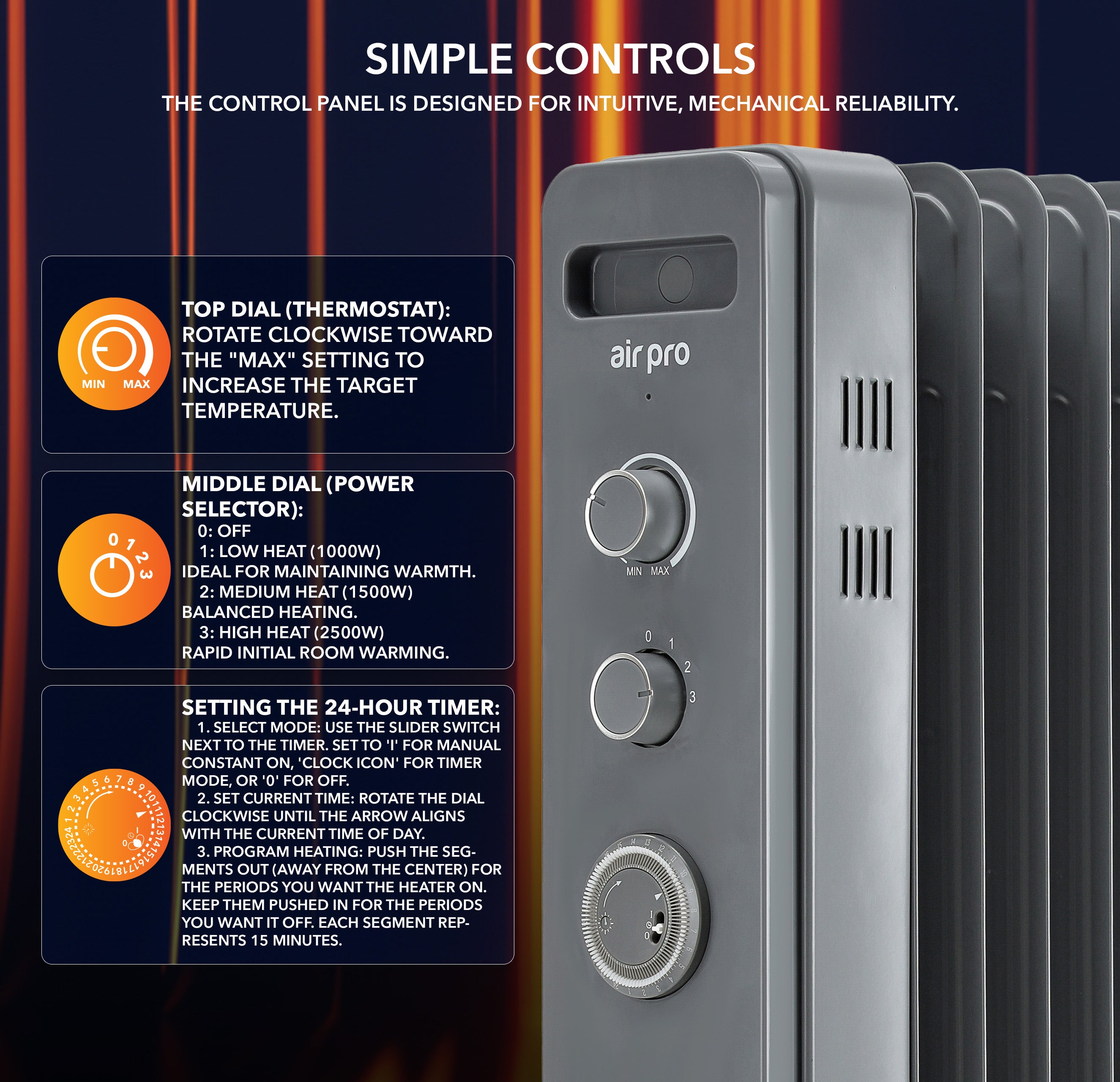 Oil-Filled Electric Heater with Timer Function - 2500W - 11 Fins