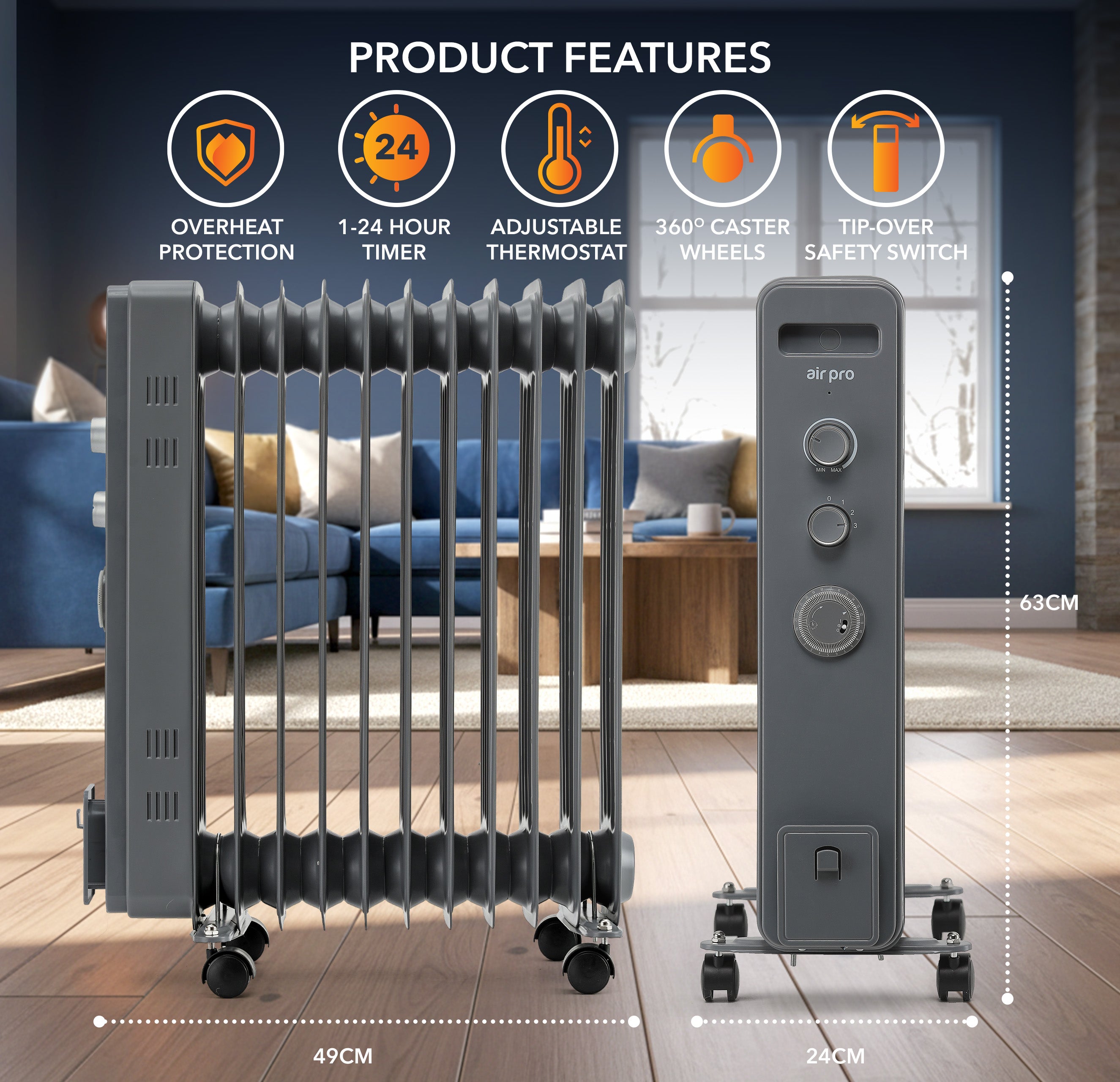 Oil-Filled Electric Heater with Timer Function - 2500W - 11 Fins