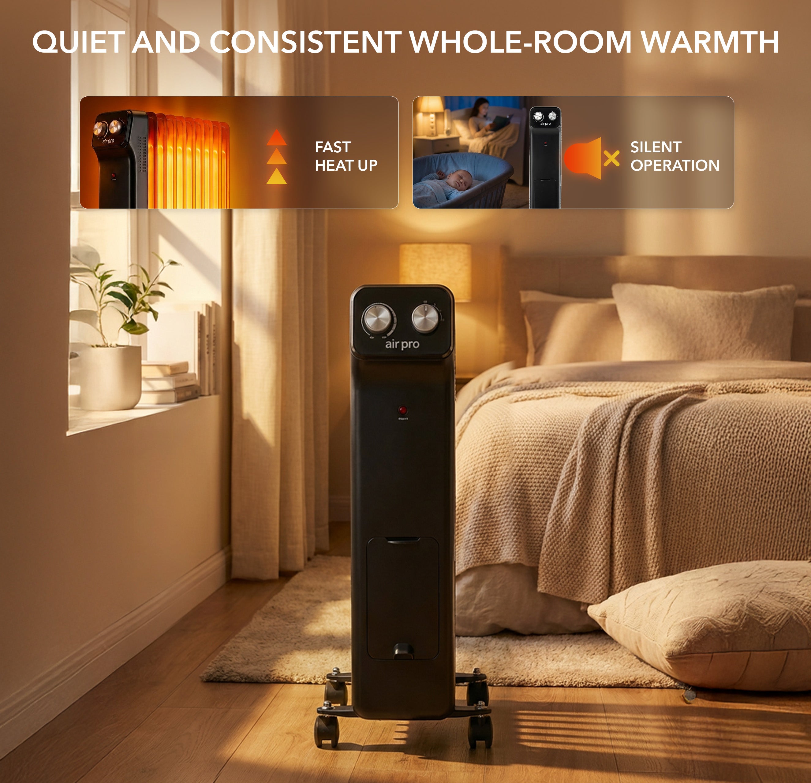 Oil-Filled Electric Radiator 2500W, Adjustable Thermostat, 3 Settings
