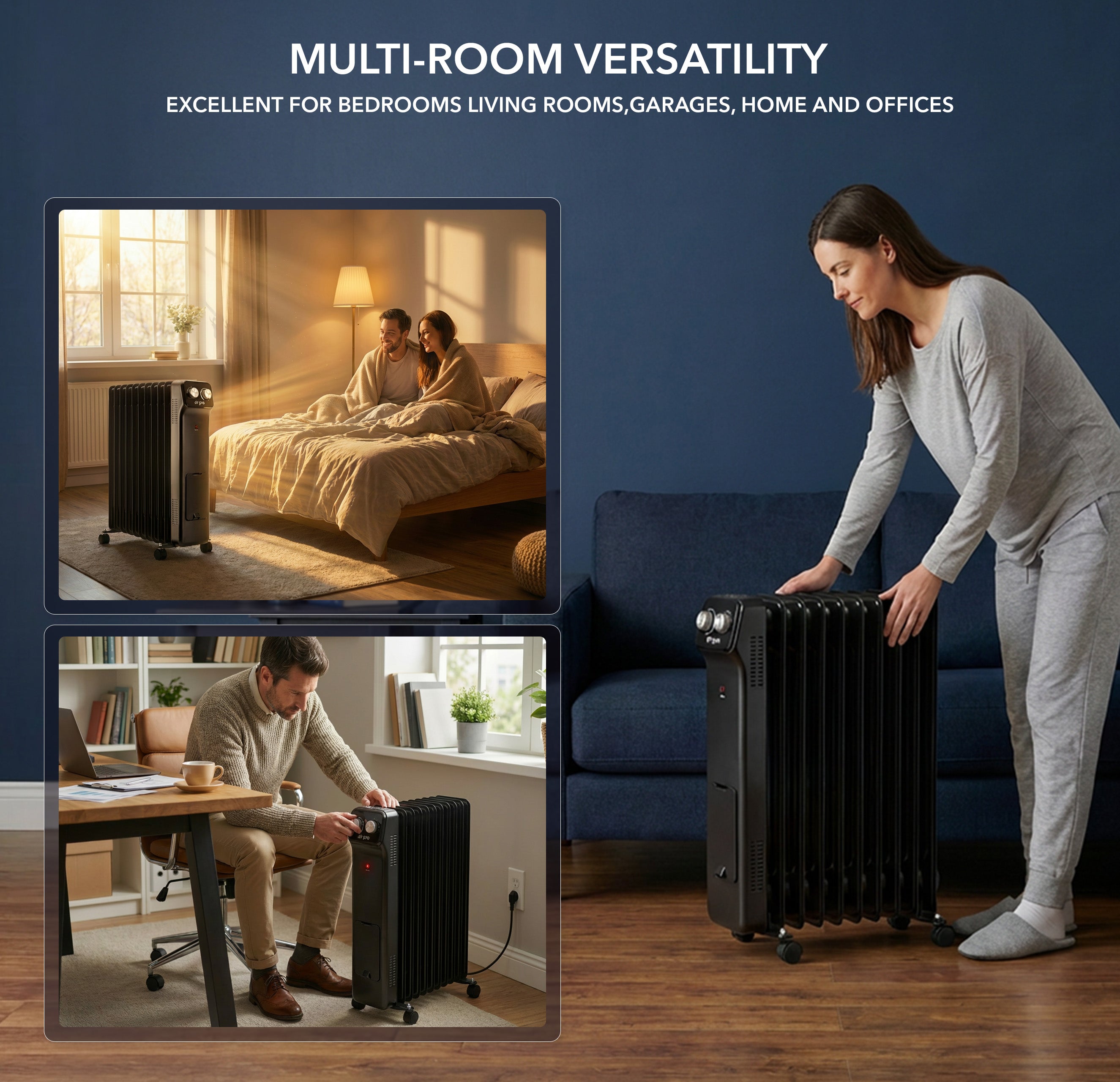 Oil-Filled Electric Radiator 2500W, Adjustable Thermostat, 3 Settings