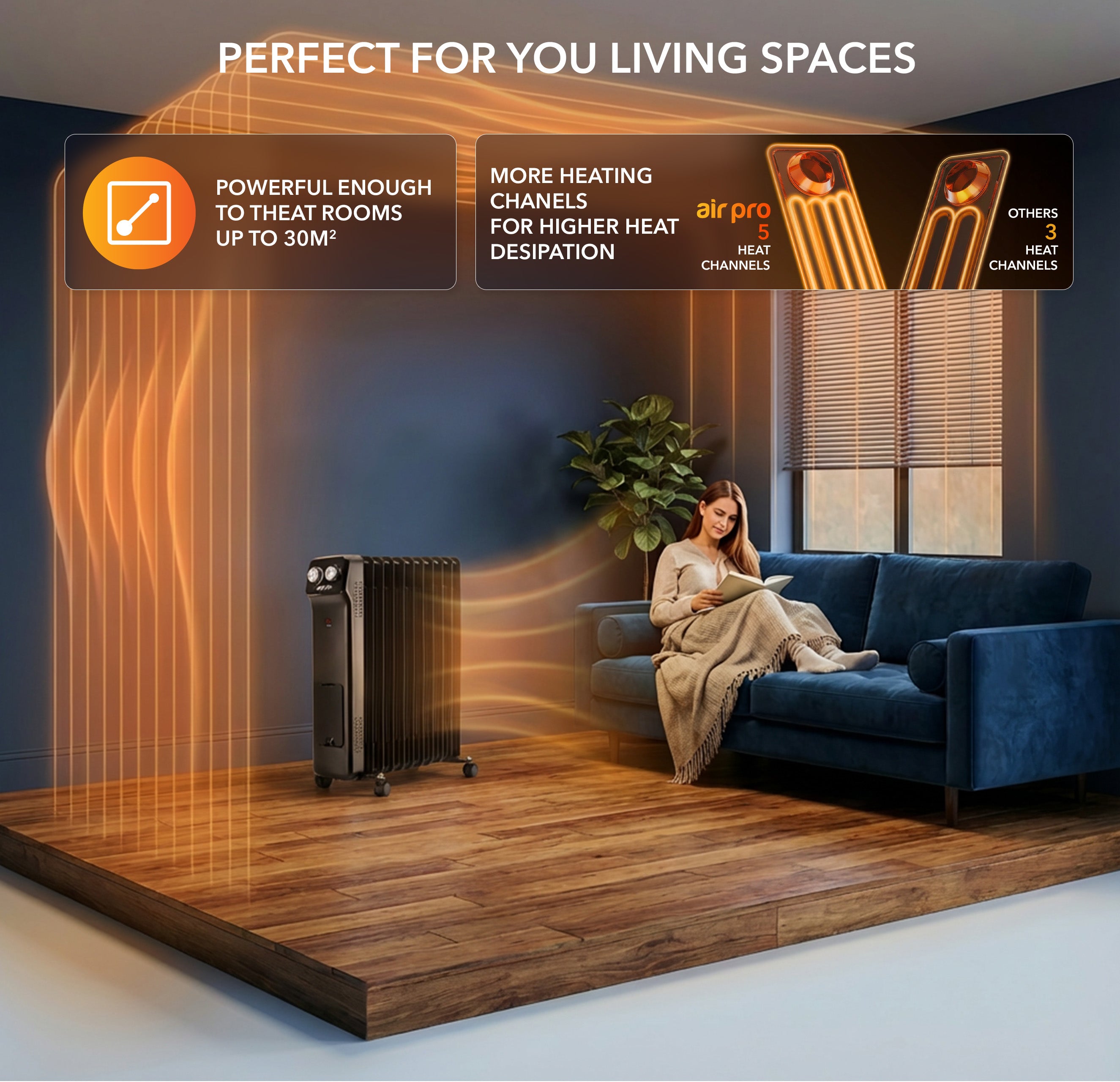 Oil-Filled Electric Radiator 2500W, Adjustable Thermostat, 3 Settings