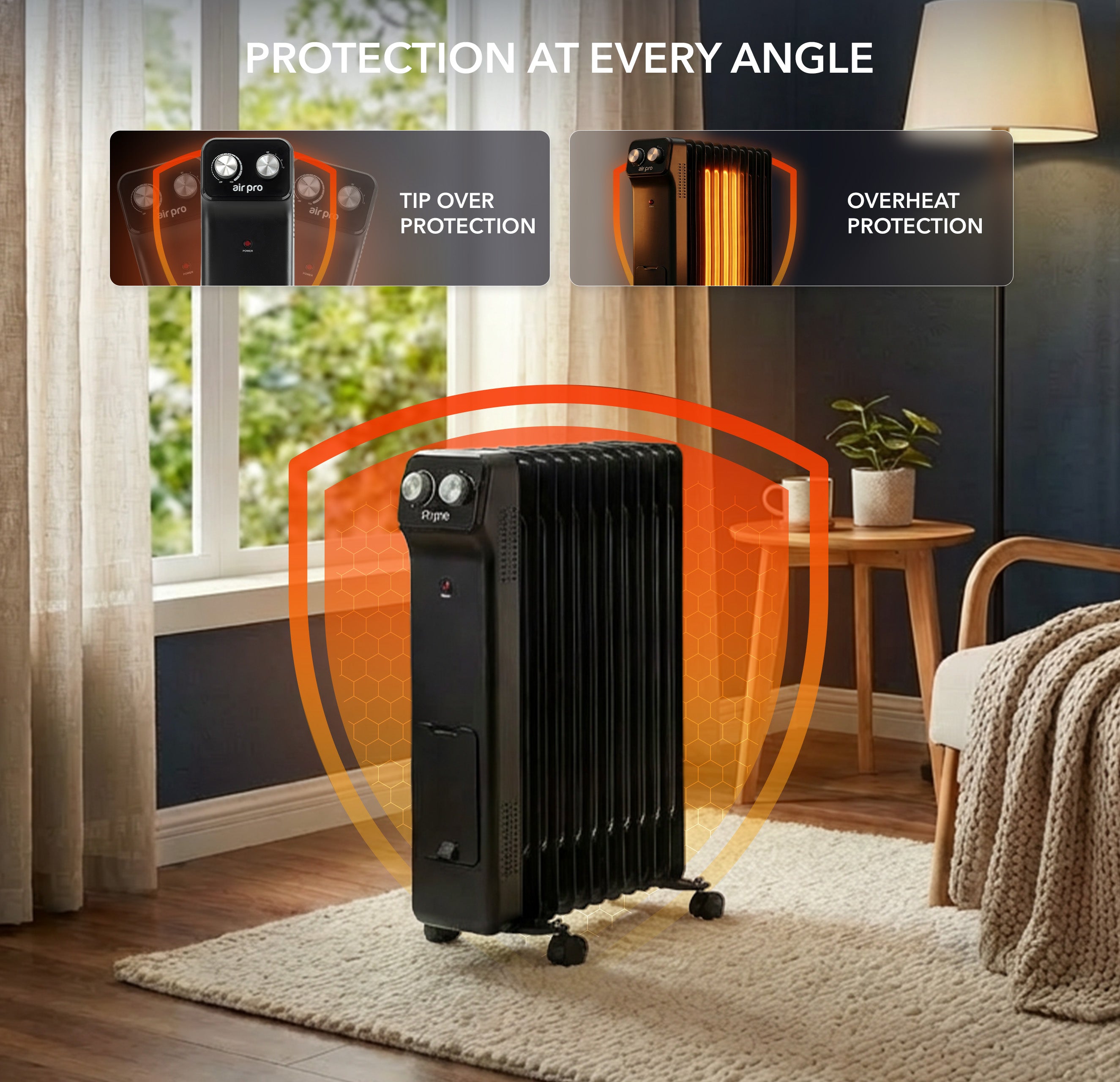 Oil-Filled Electric Radiator 2500W, Adjustable Thermostat, 3 Settings