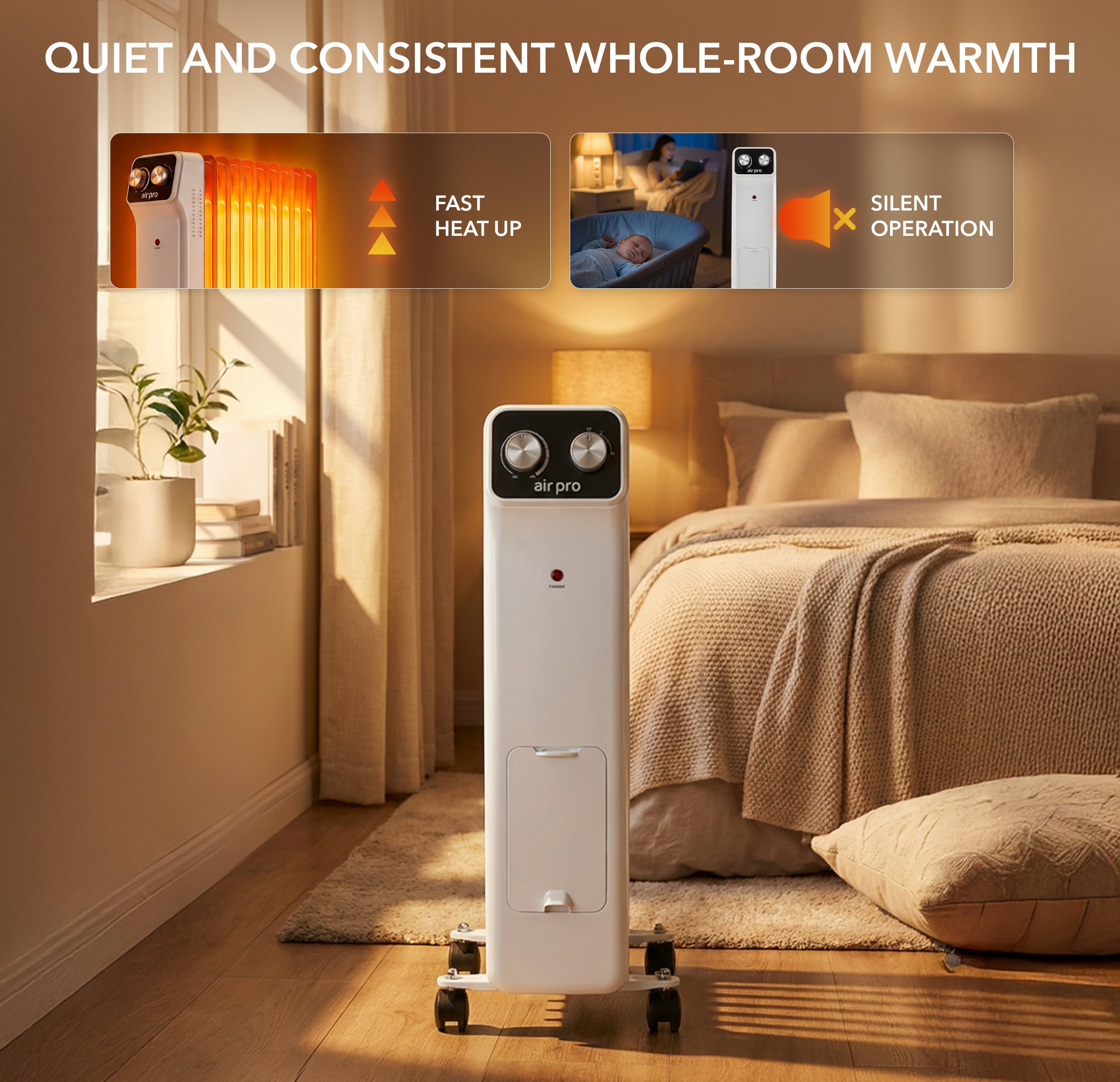 Oil-Filled Electric Radiator 2500W, Adjustable Thermostat, 3 Settings