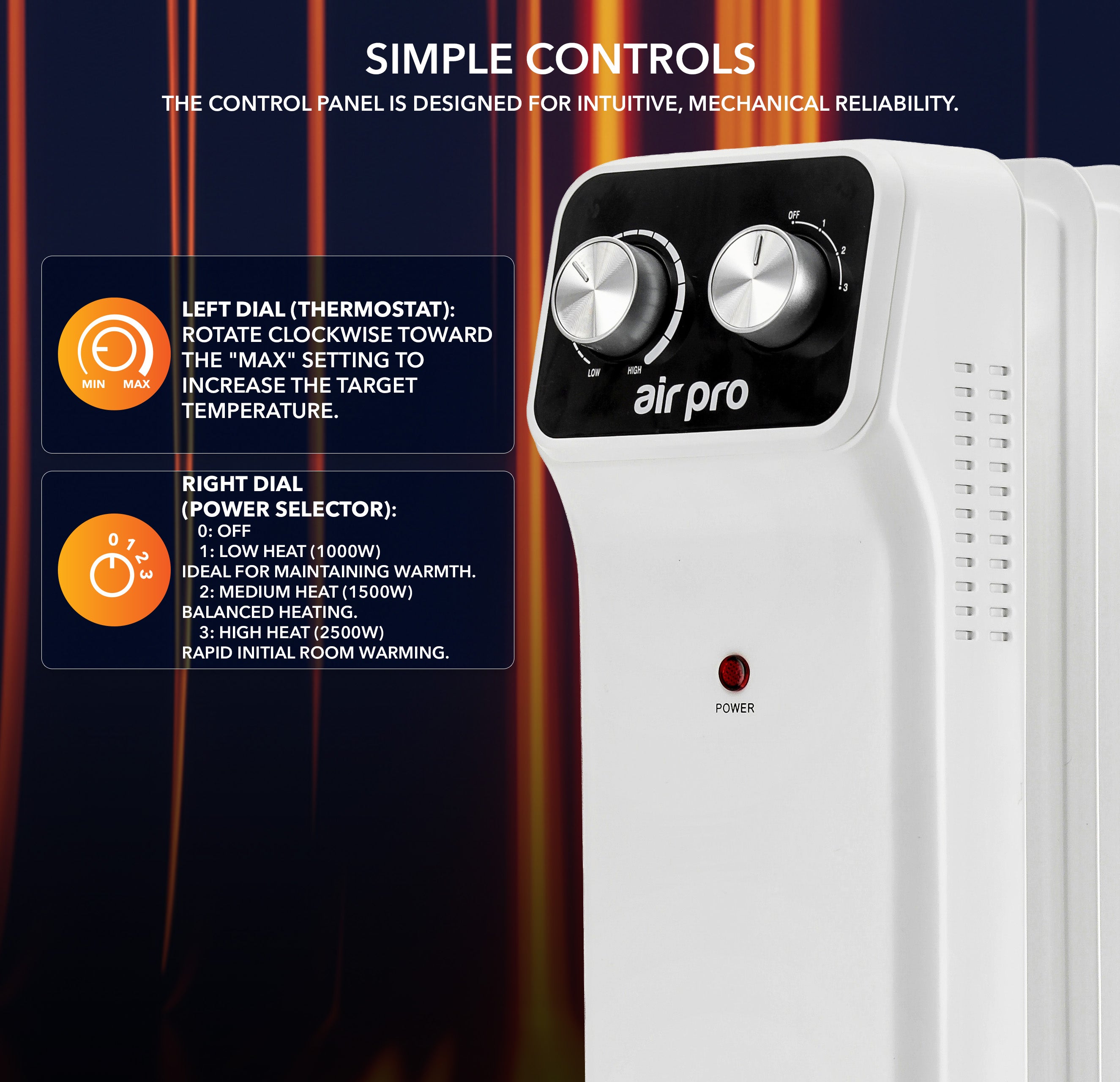 Oil-Filled Electric Radiator 2500W, Adjustable Thermostat, 3 Settings