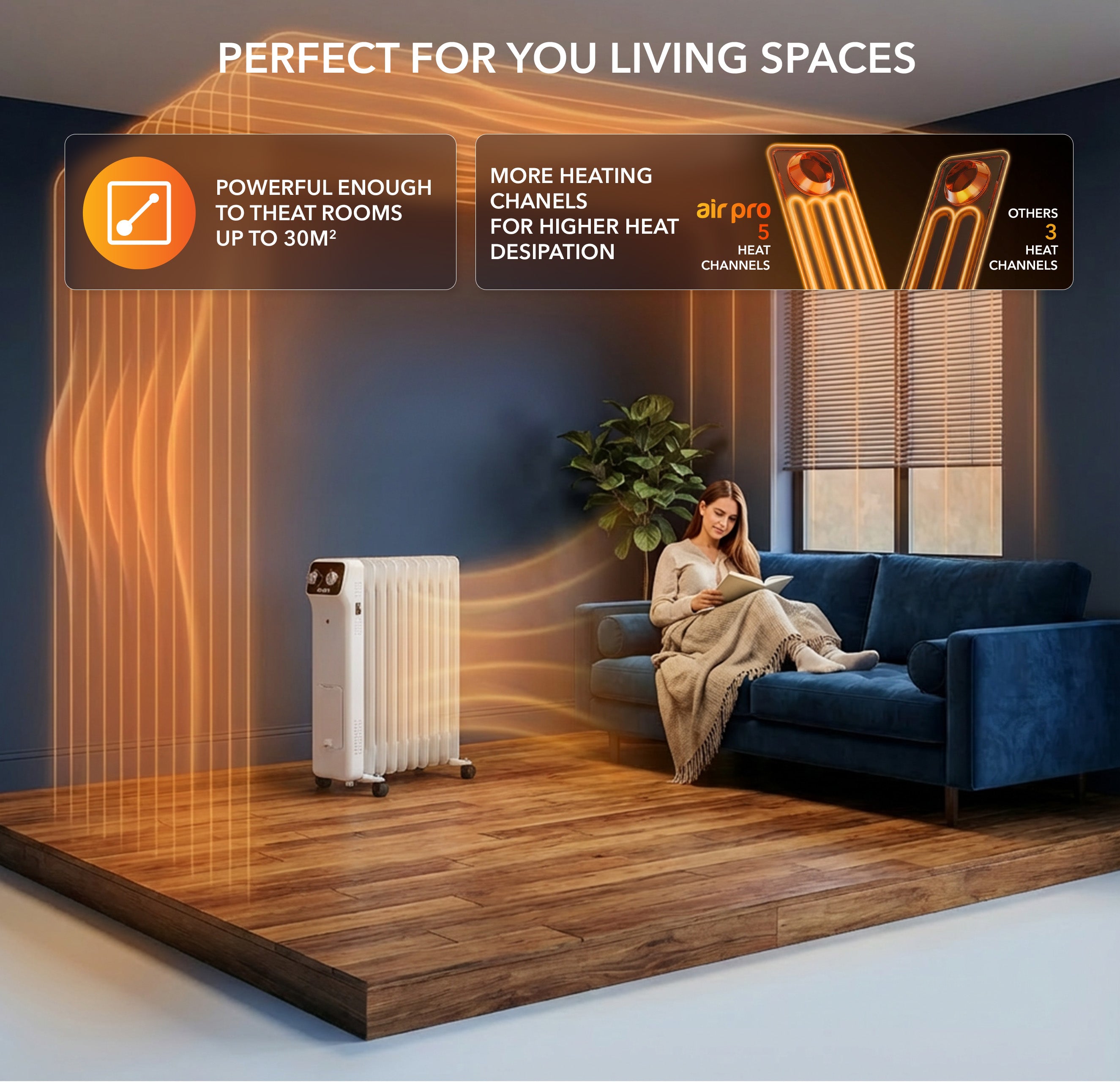 Oil-Filled Electric Radiator 2500W, Adjustable Thermostat, 3 Settings