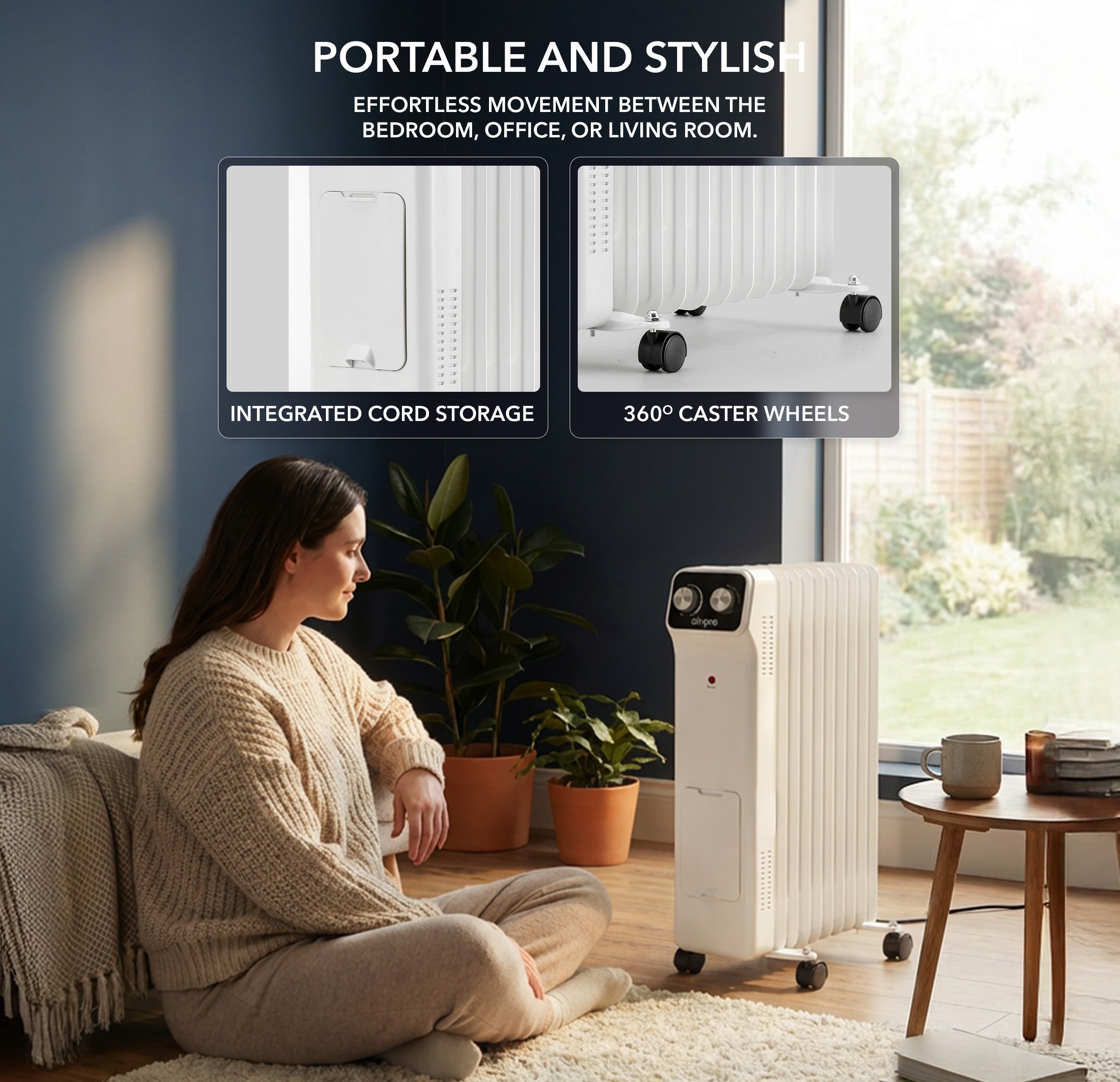 Oil-Filled Electric Radiator 2500W, Adjustable Thermostat, 3 Settings