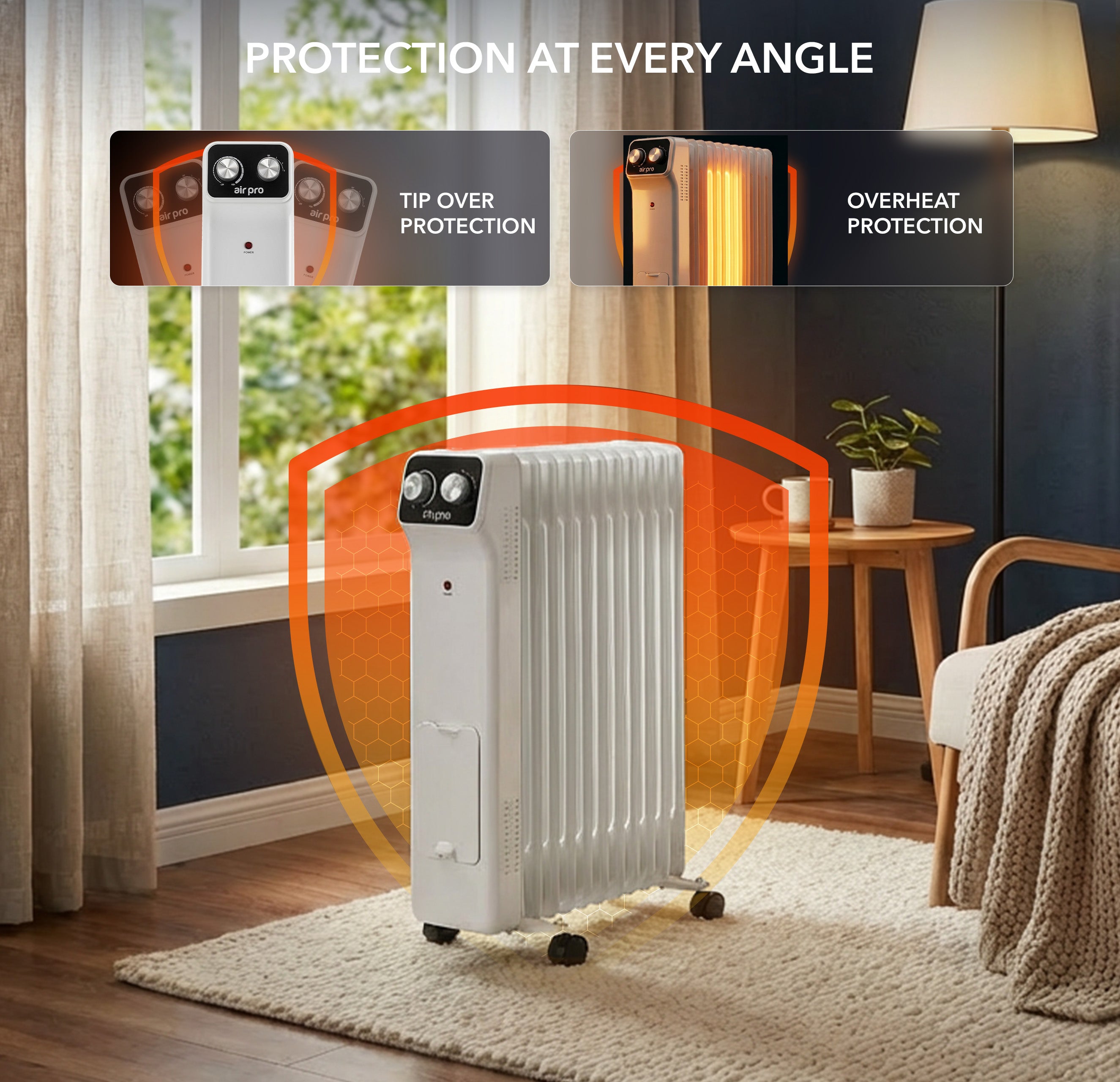 Oil-Filled Electric Radiator 2500W, Adjustable Thermostat, 3 Settings