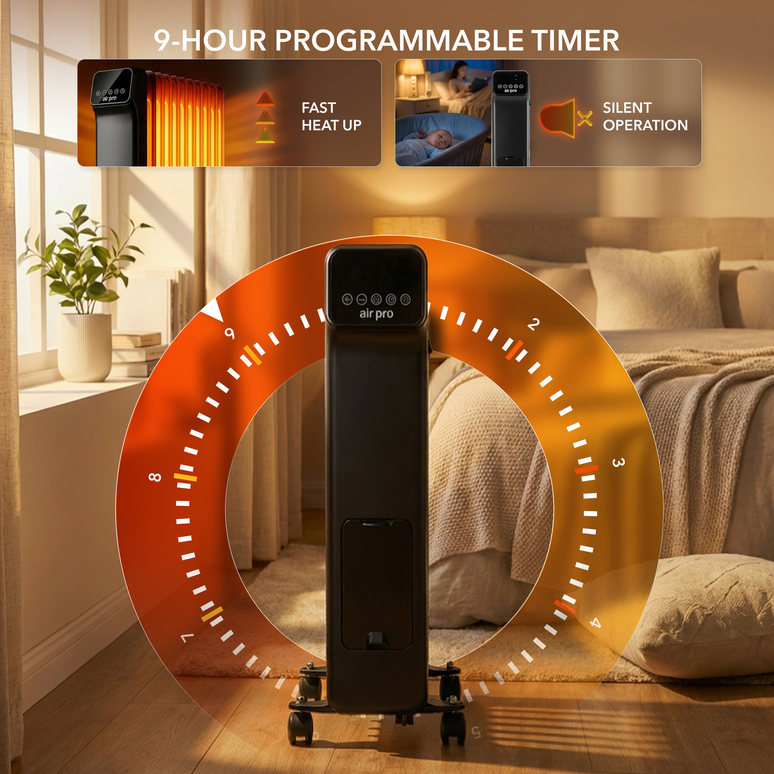 Oil-Filled Electric Radiator 2500W with Thermostat, 9 Hour Timer