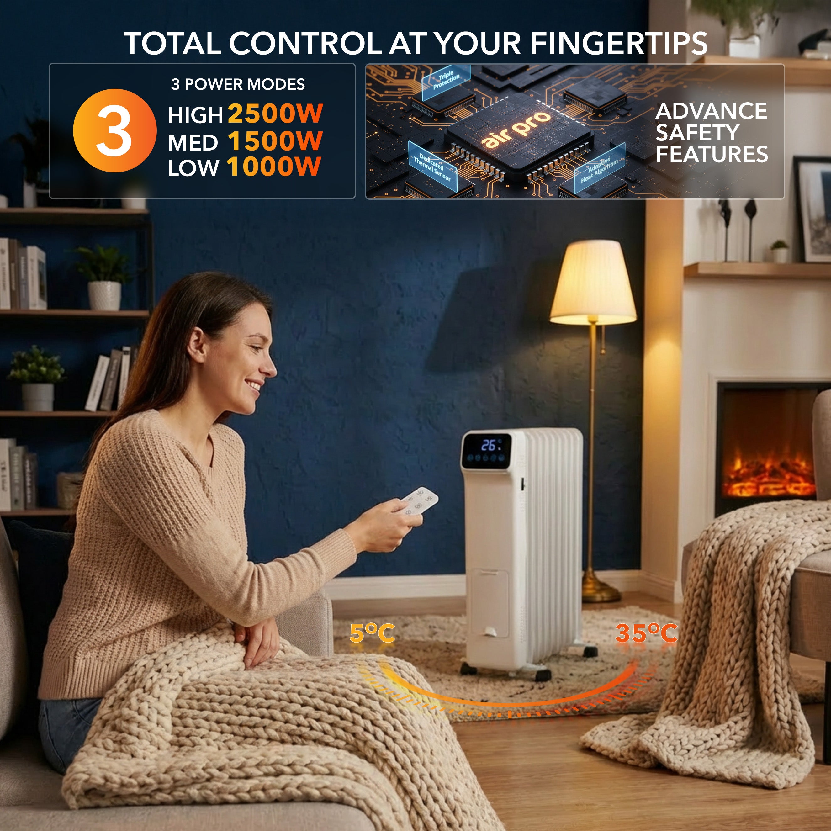 Oil-Filled Electric Radiator 2500W with Thermostat, 9 Hour Timer