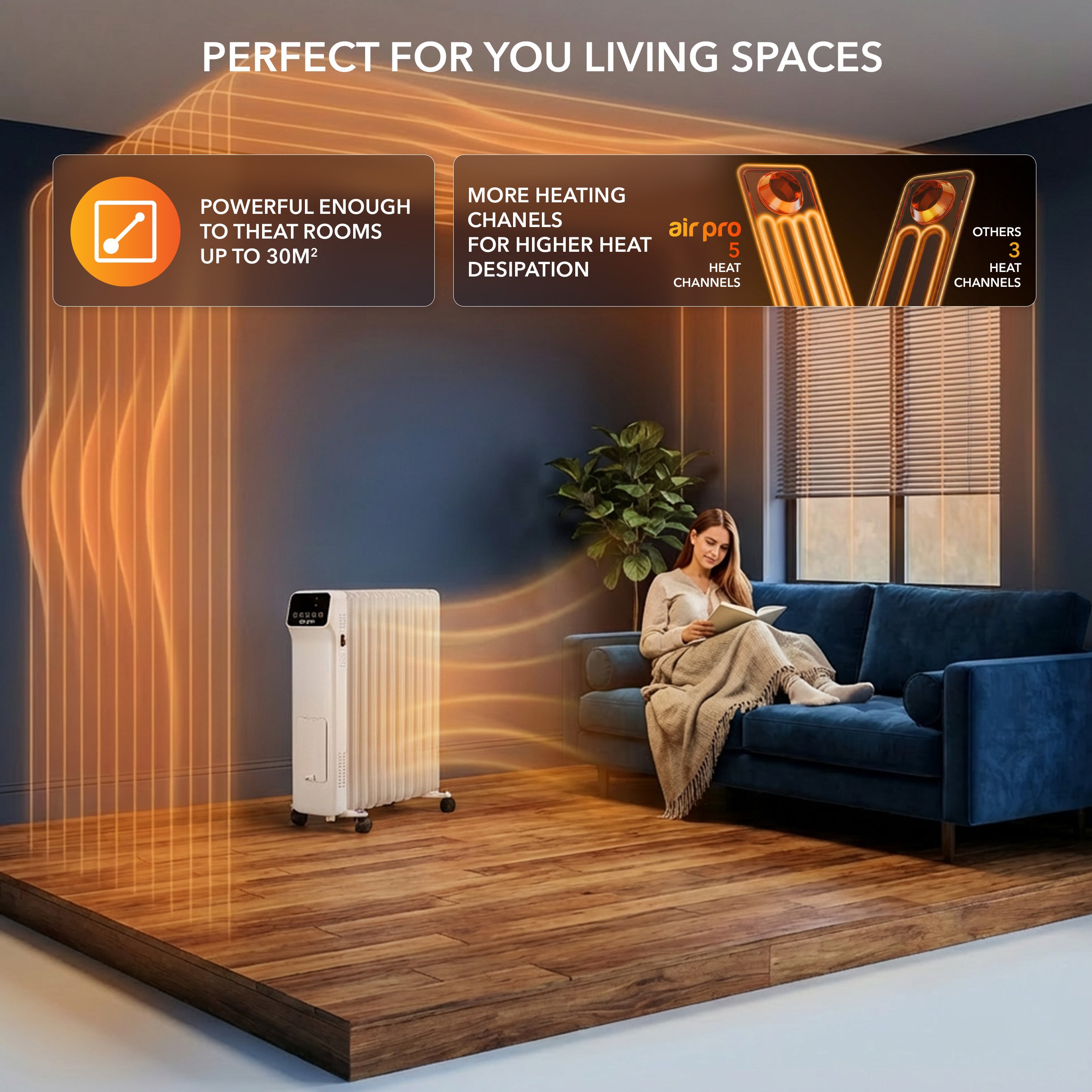 Oil-Filled Electric Radiator 2500W with Thermostat, 9 Hour Timer