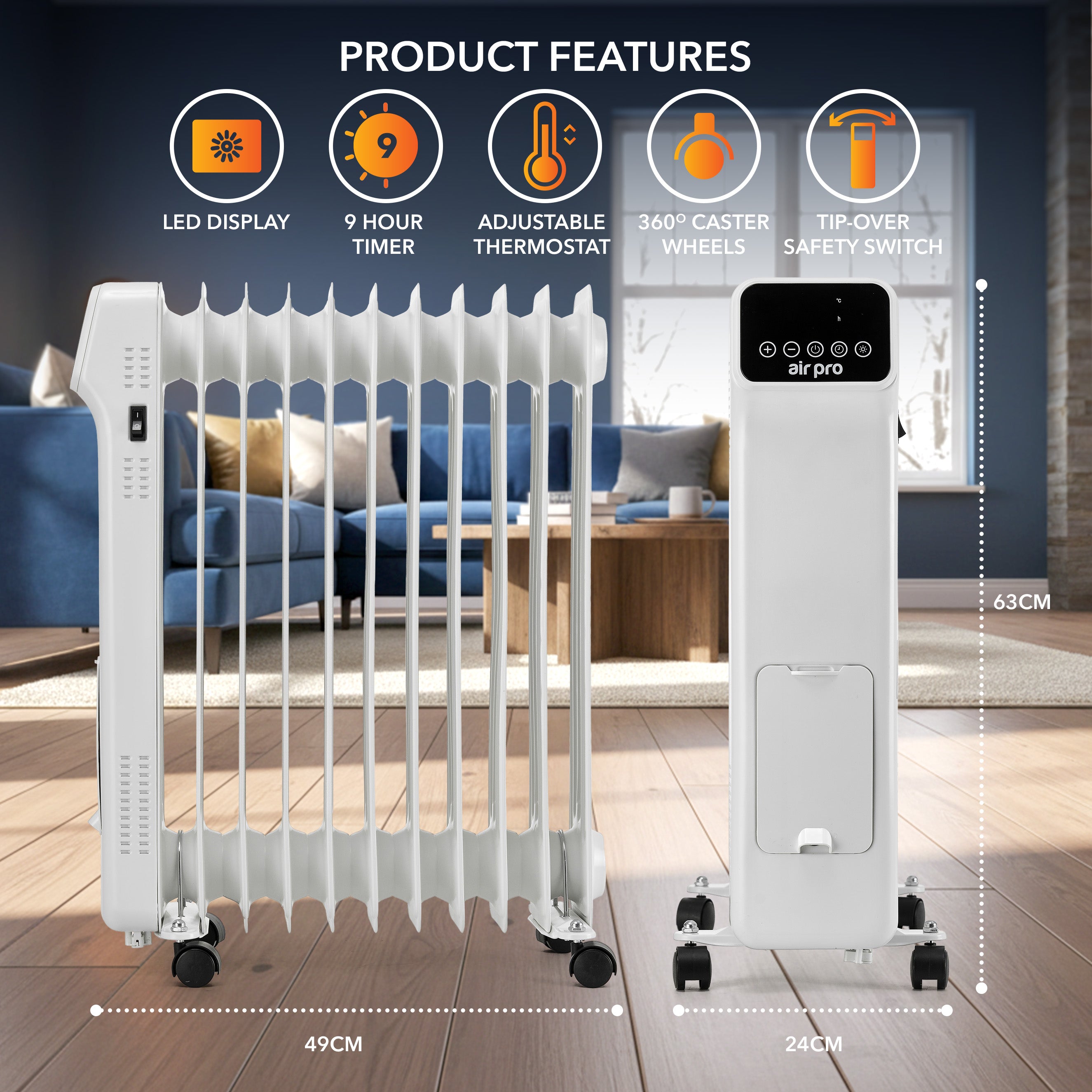 Oil-Filled Electric Radiator 2500W, Adjustable Thermostat, 3 Settings
