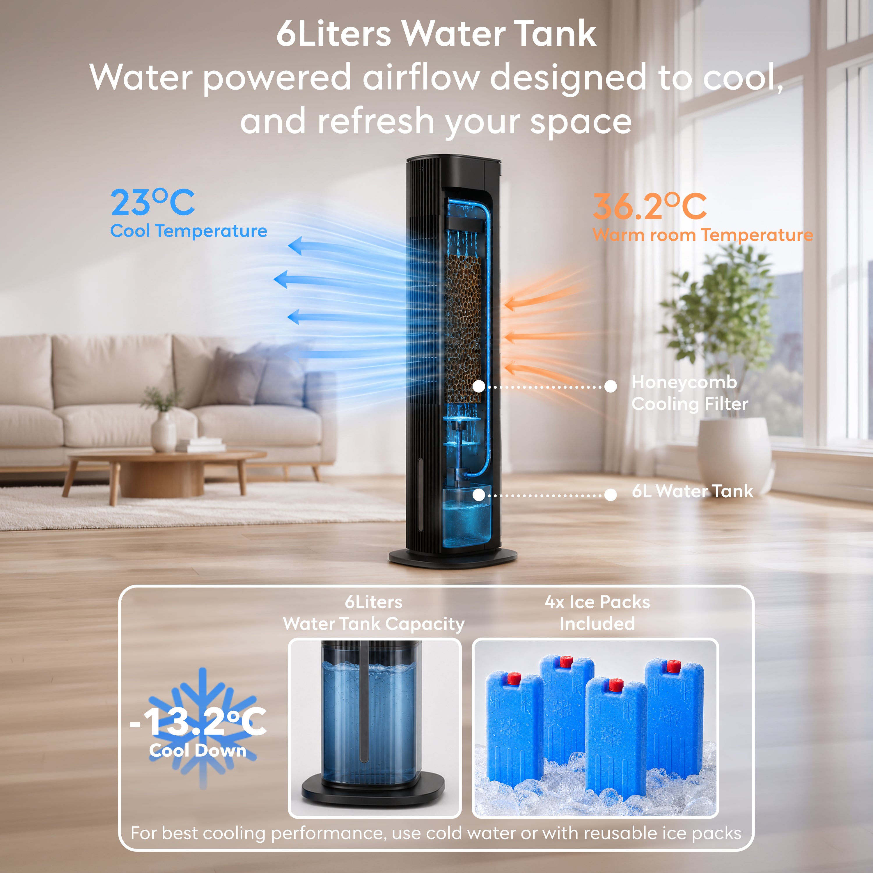 42" Tower Evaporative Air Cooler 6L