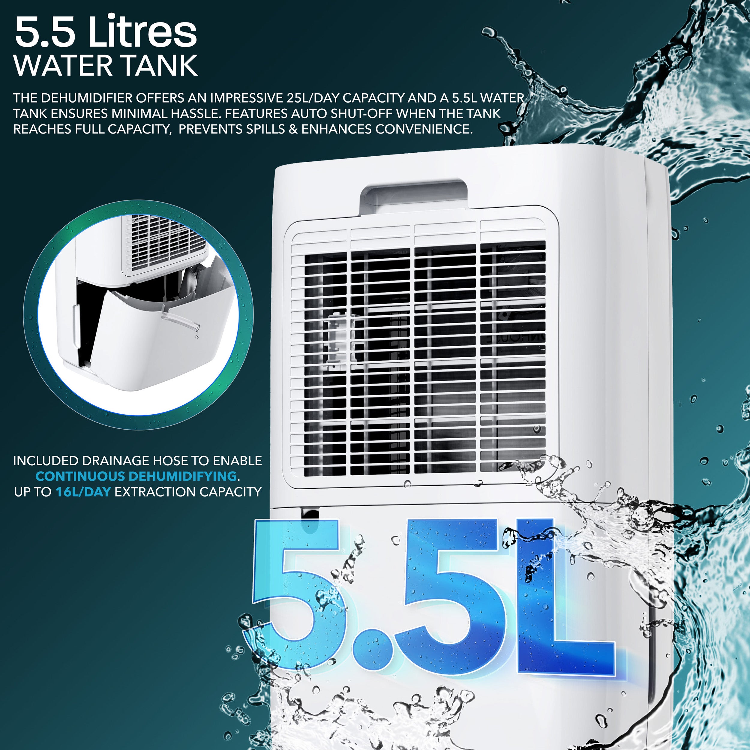 Digital Dehumidifier 5.5L Tank 24H Timer - 16L/25L Daily Extraction