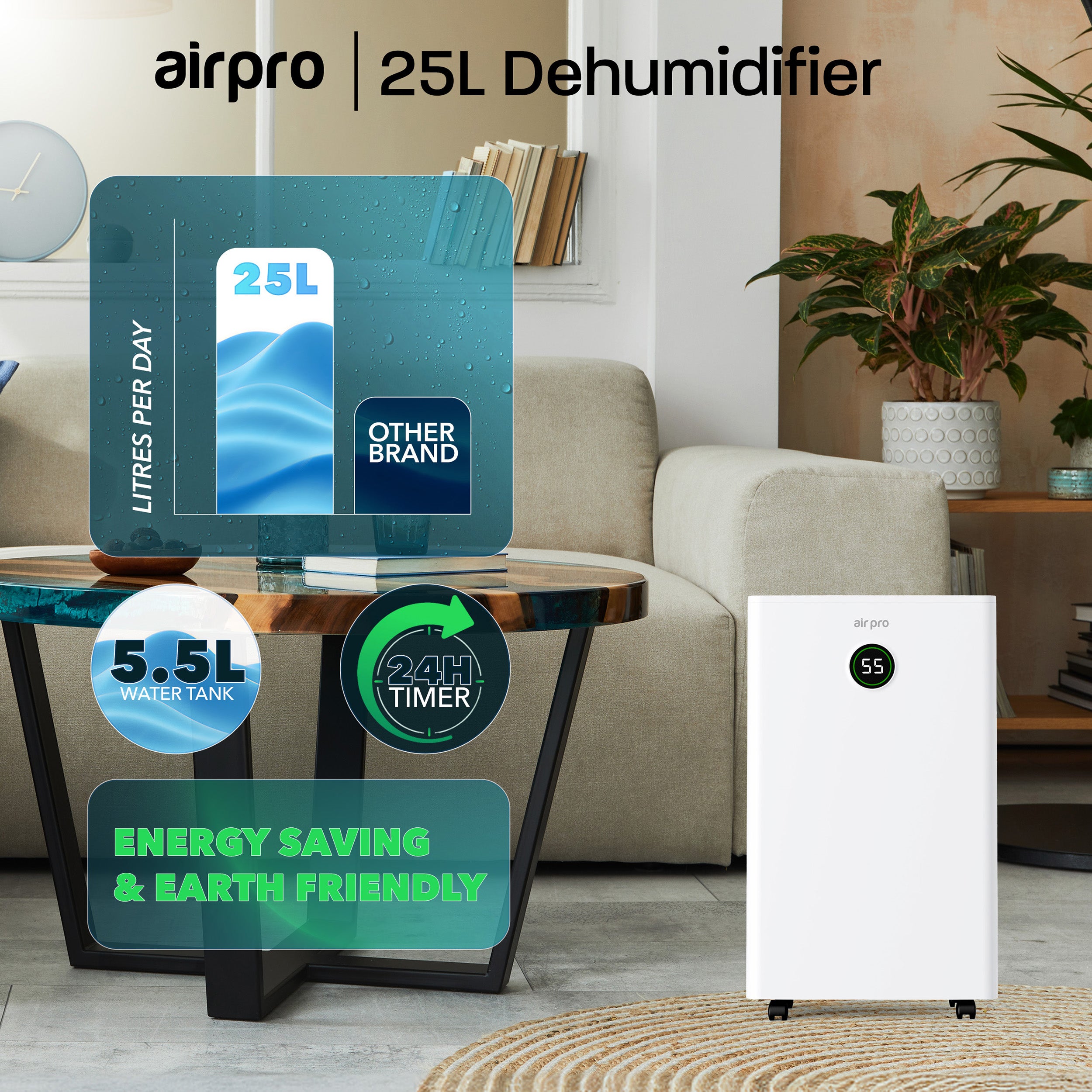Digital Dehumidifier 5.5L Tank 24H Timer - 16L/25L Daily Extraction