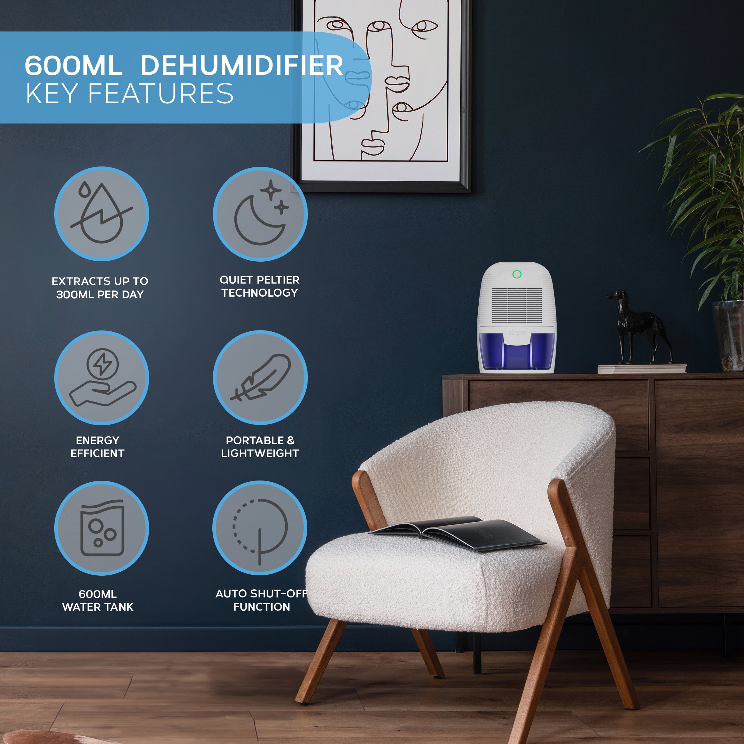 Compact Dehumidifier 600ml Water Tank
