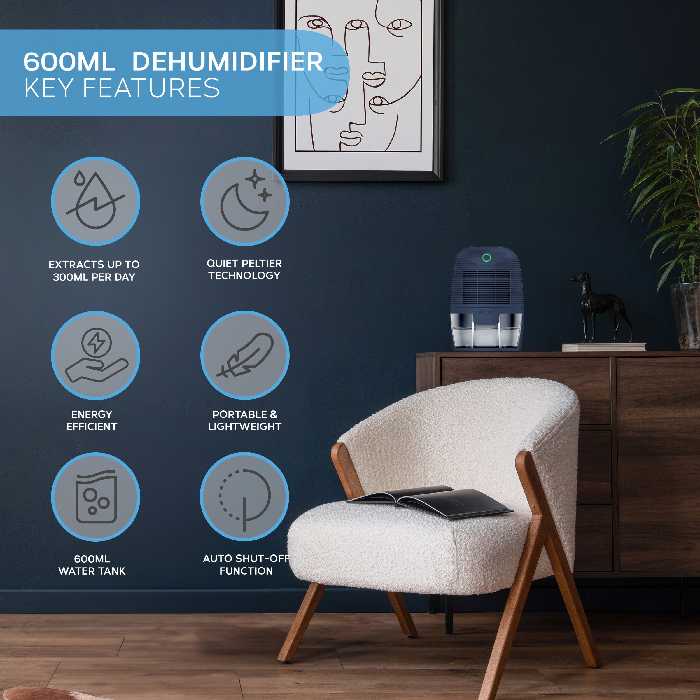 Compact Dehumidifier 600ml Water Tank