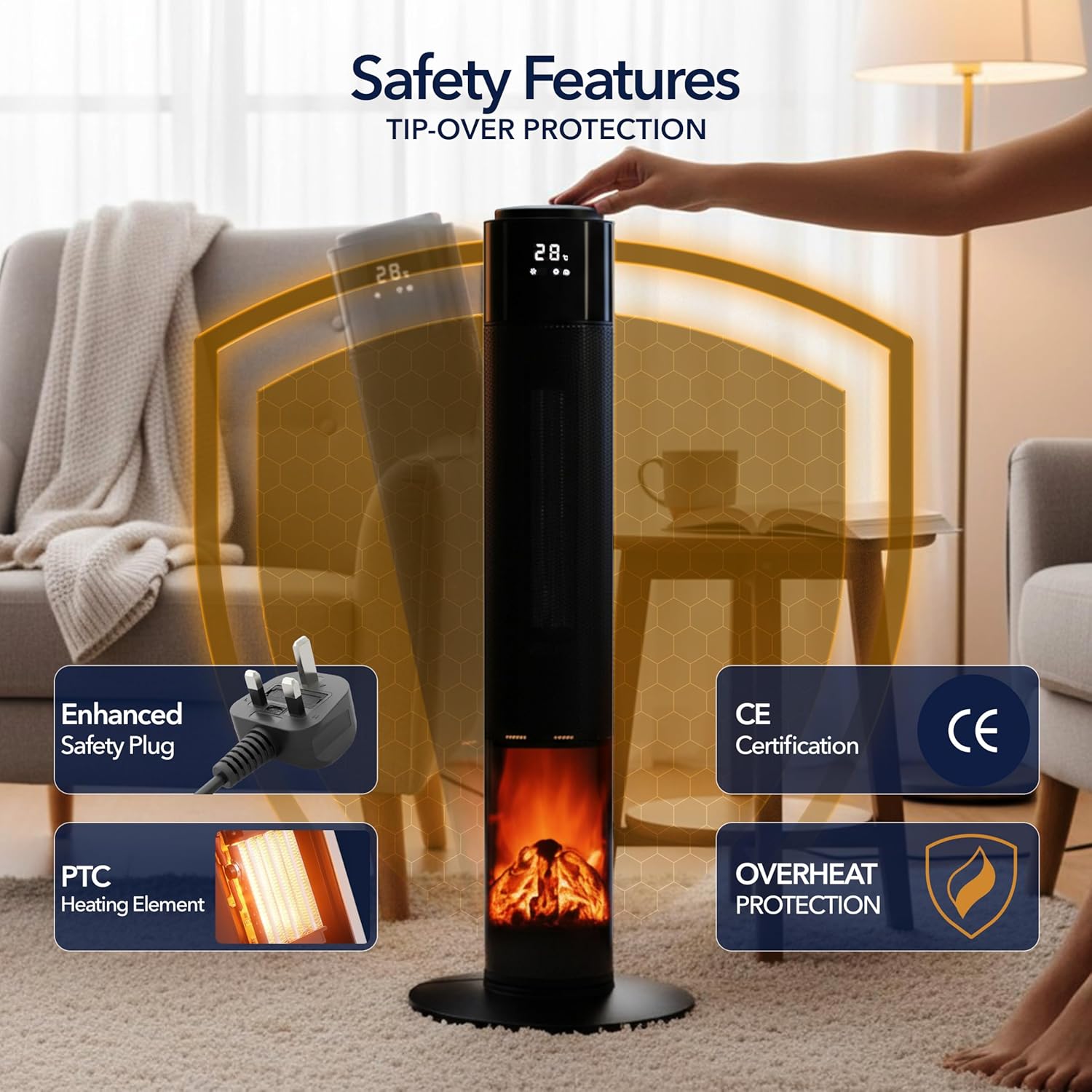 33" Tower Heater with LED Fireplace Effect 1000 / 2000W