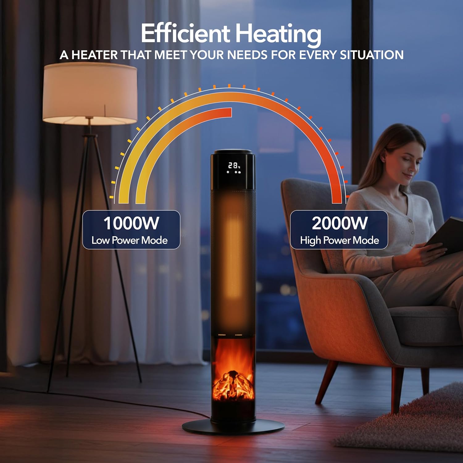 33" Tower Heater with LED Fireplace Effect 1000 / 2000W