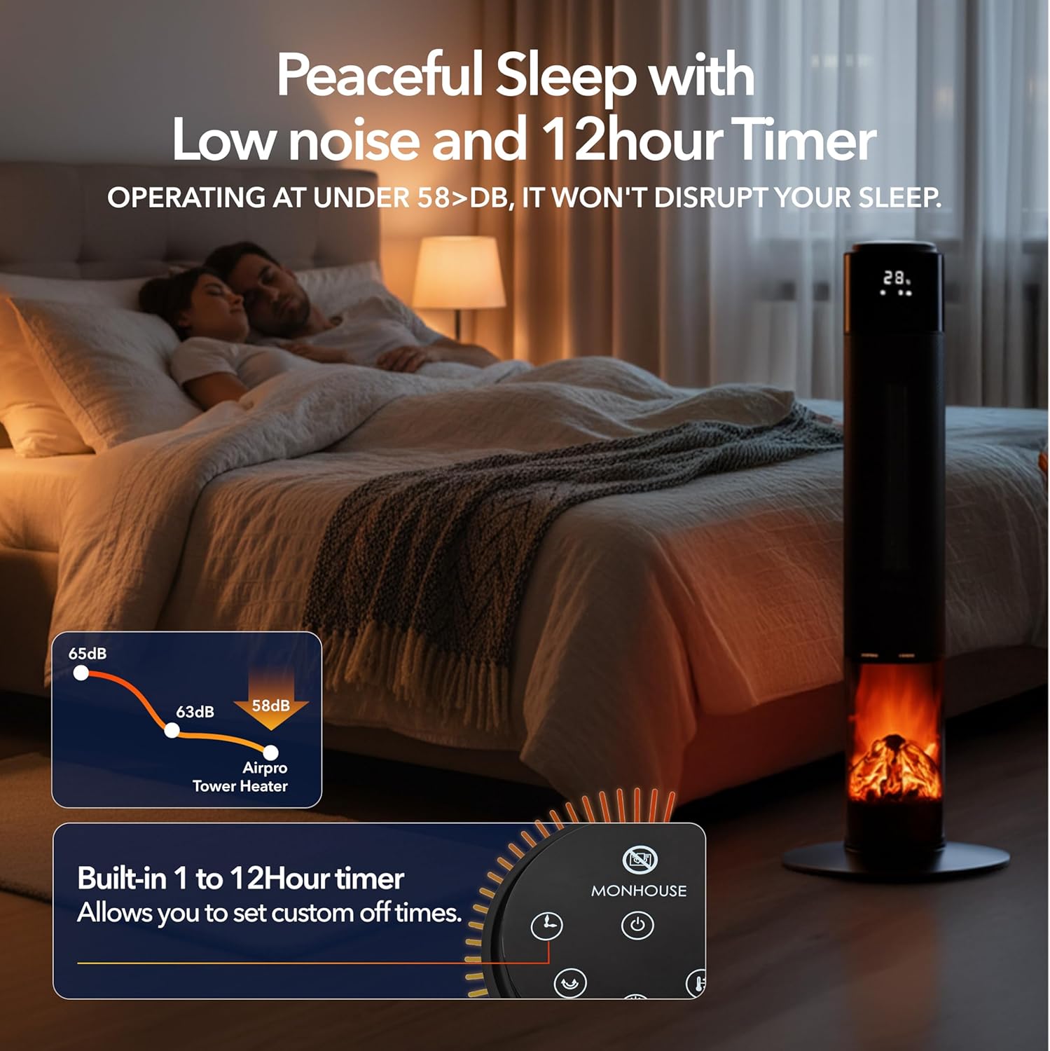 33" Tower Heater with LED Fireplace Effect 1000 / 2000W